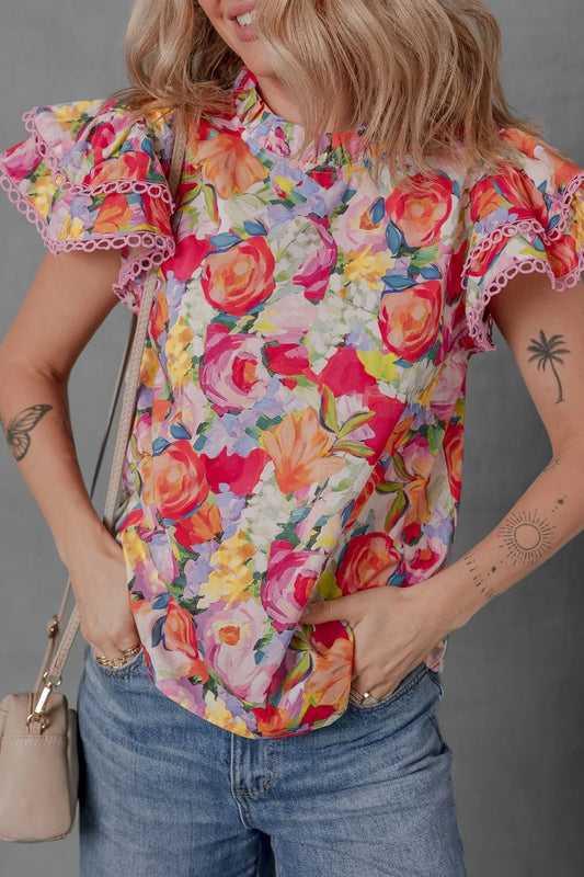 Lace Trim Ruffle Cap Sleeve Floral Blouse by Rose & Reed image 1