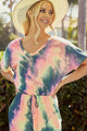 Tie Dye French Terry V-Neck Romper with A Hole and Side Pocket and A Drawstring